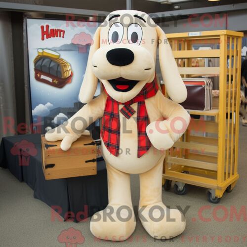 Personnage De Costume De Mascotte Redbrokoly De Hot Dog Crème Habillé D Une Chemise En Flanelle Et De Porte-Documents