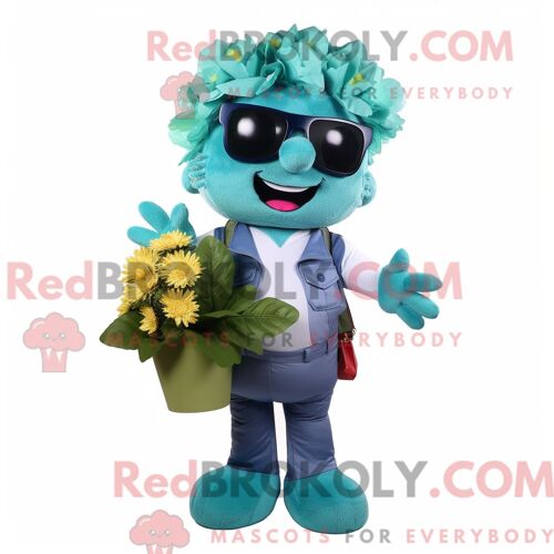 Costume Mascotte Redbrokoly De Bouquet De Fleurs Cyan Habillé Avec Un Pantalon Cargo Et Des Lunettes De Soleil