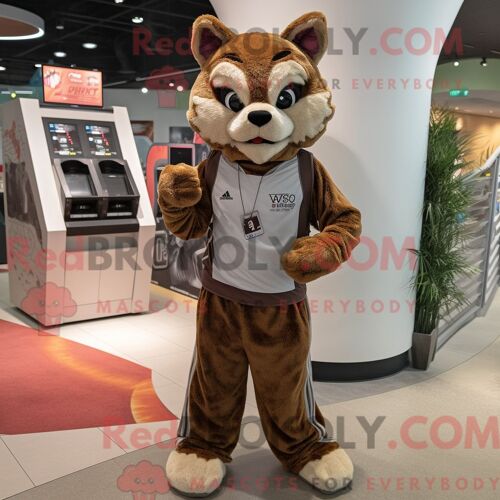 Costume Mascotte Redbrokoly De Lynx Marron Habillé D Un Pantalon De Jogging Et De Porte-Clés