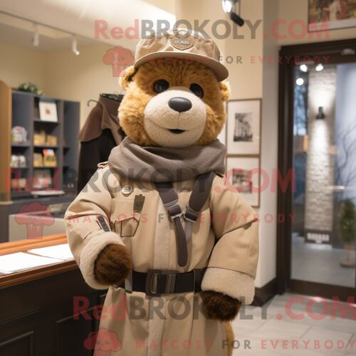 Costume De Mascotte Redbrokoly D Officier De Police Beige Personnage Habillé D Une Parka Et D Écharpes