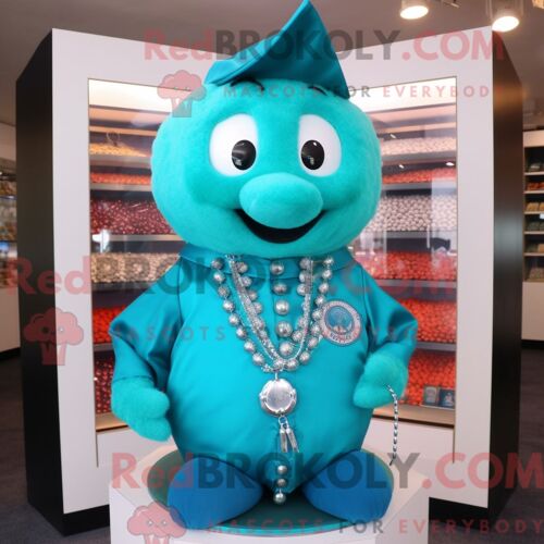 Costume Mascotte Redbrokoly De Boîte À Bonbons Turquoise Personnage Habillé Avec Une Veste Et Des Colliers