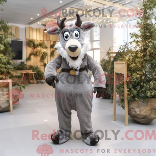 Mascotte Redbrokoly De Renne Gris Costume De Personnage Habillé Avec Un Gilet Et Des Ceintures