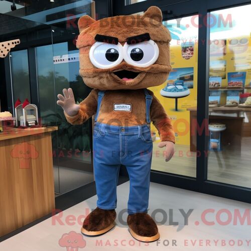 Personnage Mascotte Redbrokoly De Cupcake Marron Habillé Avec Un Short En Jean Et Des Ceintures