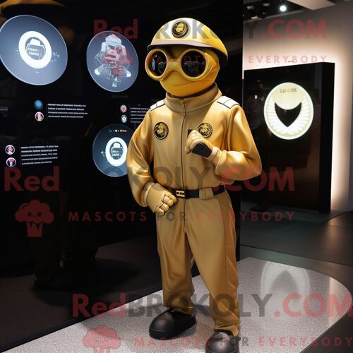 Costume De Mascotte Redbrokoly De Soldat De L Armée De L Air Dorée Habillé D Une Combinaison Et De Montres Intelligentes