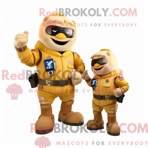 Costume De Mascotte Redbrokoly De Soldat De L Armée De L Air Dorée Habillé D Une Combinaison Et De Montres Intelligentes