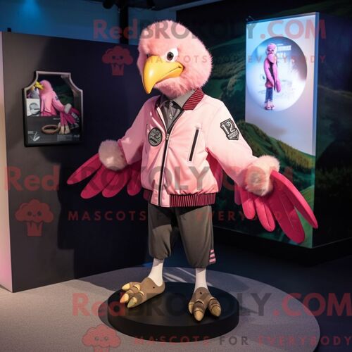 Costume De Mascotte Redbrokoly De Vautour Rose Habillé D Un Blouson Aviateur Et De Porte-Clés
