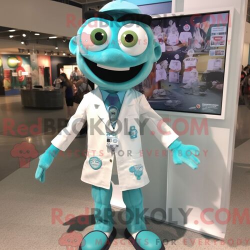 Costume De Mascotte Redbrokoly De Docteur Turquoise Habillé D Une Chemise Boutonnée Et De Cravates