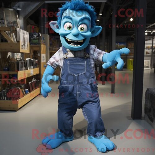 Costume Mascotte Redbrokoly De Monstre De Frankenstein Bleu Personnage Habillé Avec Une Salopette Et Des Bretelles
