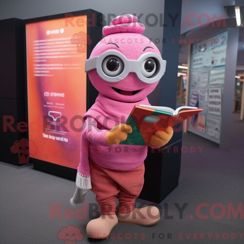 Costume Mascotte Redbrokoly De Fajitas Roses Personnage Habillé D Un Col Roulé Et De Lunettes De Lecture