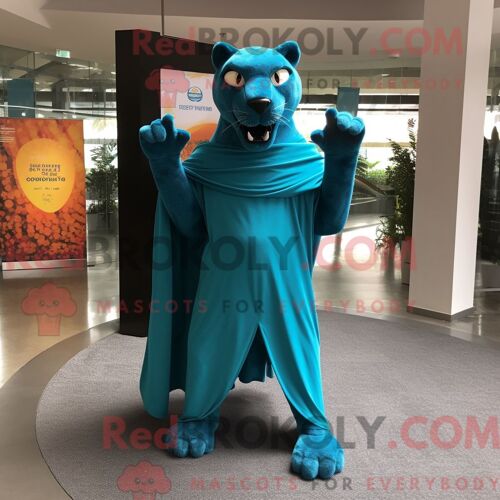 Costume De Mascotte Redbrokoly De Panthère Turquoise Habillé Avec Un T-Shirt À Manches Longues Et Des Châles