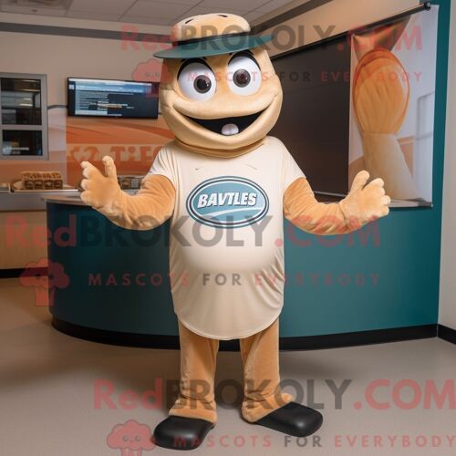 Costume De Mascotte Redbrokoly Tan Bagels Habillé Avec Un T-Shirt À Col En V Et Des Gants