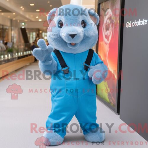 Costume Mascotte Redbrokoly De Cochon D Inde Bleu Personnage Habillé D Une Salopette Et De Gants