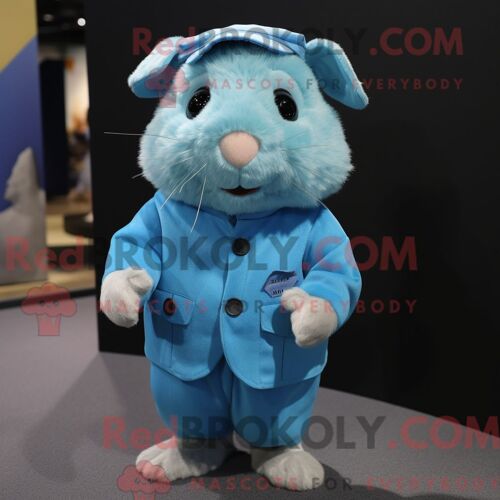 Costume Mascotte Redbrokoly De Cochon D Inde Bleu Personnage Habillé D Une Salopette Et De Gants