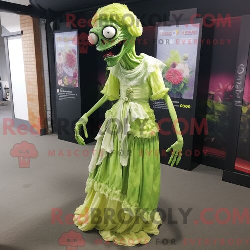 Personnage De Costume De Mascotte Redbrokoly De Zombie Vert Citron Habillé Avec Une Robe De Soirée Et Des Clips Pour Écharpe