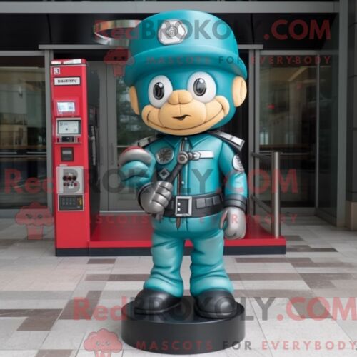 Costume De Mascotte Redbrokoly De Gumball Machine Bleu Sarcelle Habillé Avec Une Veste De Motard Et Des Chapeaux