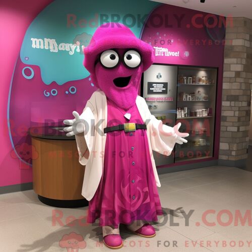 Costume De Mascotte Redbrokoly De Docteur Magenta Habillé D Une Jupe Longue Et D Épingles À Châle