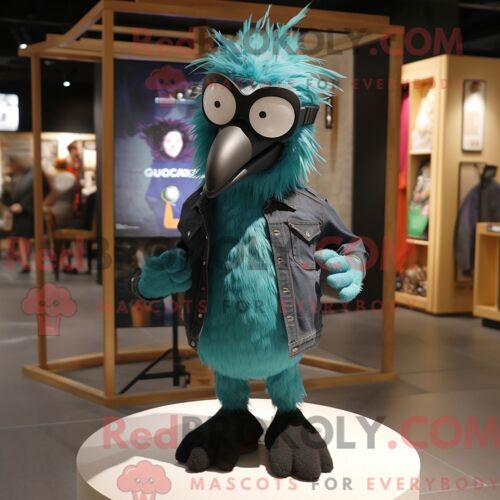 Costume Mascotte Redbrokoly De Corbeau Sarcelle Habillé D Un Jean Skinny Et De Lunettes De Soleil