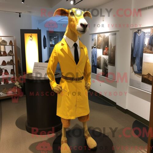 Costume De Mascotte Redbrokoly De Chèvre Boer Jaune Personnage Habillé D Une Robe Fourreau Et D Épingles À Cravate