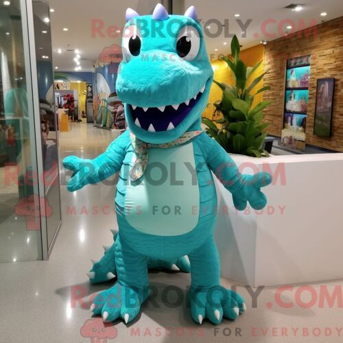 Costume Mascotte Redbrokoly De Crocodile Turquoise Personnage Habillé D Un Bikini Et De Pinces À Chaussures