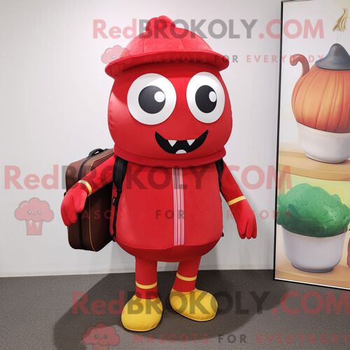 Costume De Mascotte Redbrokoly De Citron Rouge Habillé D Un Col Roulé Et De Sacs Messager