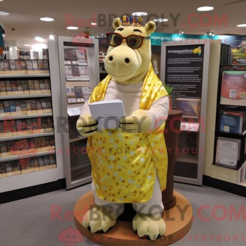 Costume Mascotte Redbrokoly D Hippopotame Doré Personnage Habillé D Une Robe Longue Et De Lunettes De Lecture