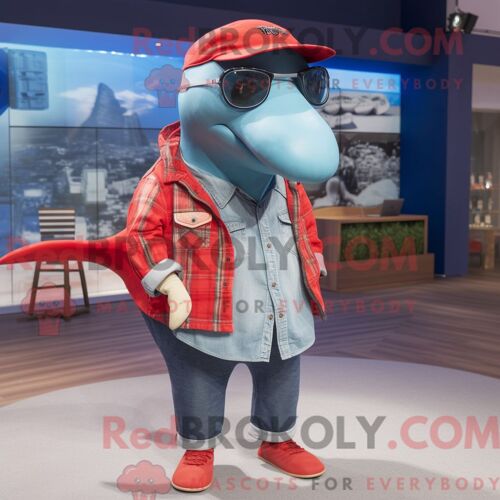 Personnage De Costume De Mascotte Redbrokoly De Baleine À Bosse Rouge Habillé D Une Chemise En Jean Et De Lunettes