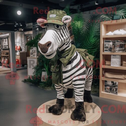 Personnage De Costume De Mascotte Redbrokoly De Zèbre Vert Forêt Habillé Avec Un Pantalon Cargo Et Des Chapeaux
