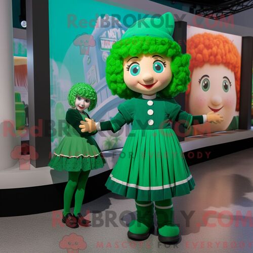 Costume De Mascotte Redbrokoly De Danseuse Irlandaise Verte Habillé D Une Robe Midi Et De Bérets