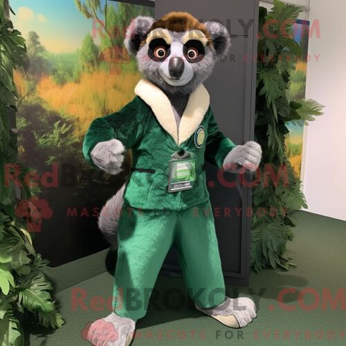 Costume De Mascotte Redbrokoly De Lémurien Vert Forêt Personnage Habillé Avec Une Barboteuse Et Des Boutons De Manchette