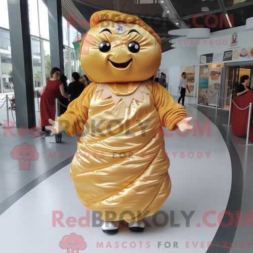 Personnage De Costume De Mascotte Redbrokoly De Croissant Doré Habillé D Une Robe Trapèze Et De Boucles D Oreilles