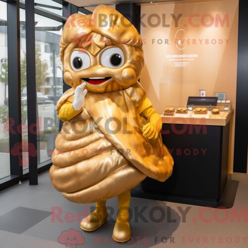 Personnage De Costume De Mascotte Redbrokoly De Croissant Doré Habillé D Une Robe Trapèze Et De Boucles D Oreilles