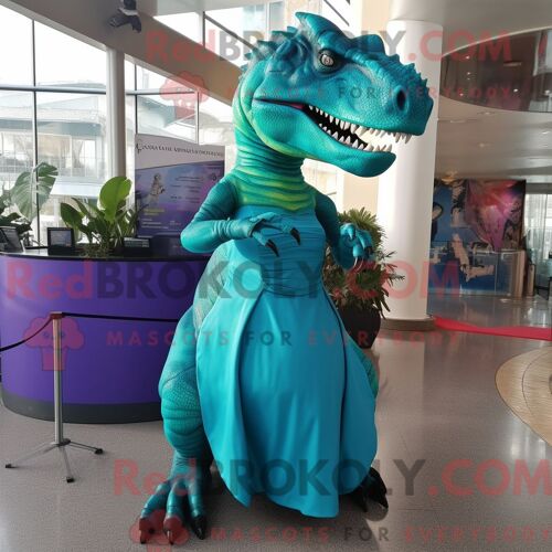 Costume Mascotte Redbrokoly D Allosaure Turquoise Personnage Habillé D Une Robe De Soirée Et De Pinces À Cheveux