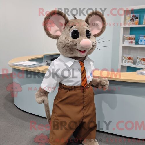 Costume De Mascotte Redbrokoly De Souris Marron Habillé D Une Chemise Habillée Et De Lunettes De Lecture