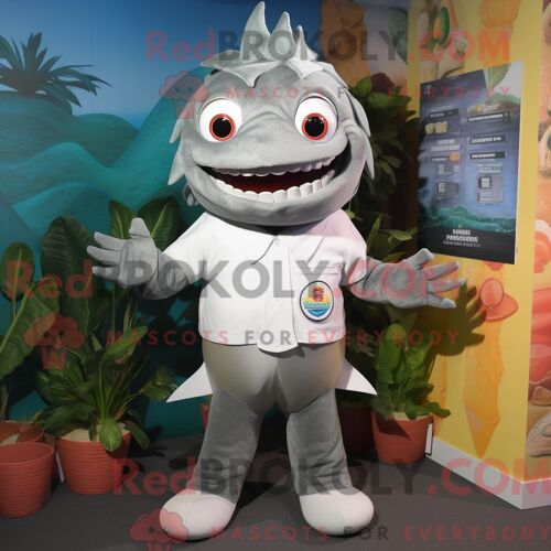 Costume Mascotte Redbrokoly De Ceviche Gris Habillé D Un Bermuda Et De Coussinets De Pieds