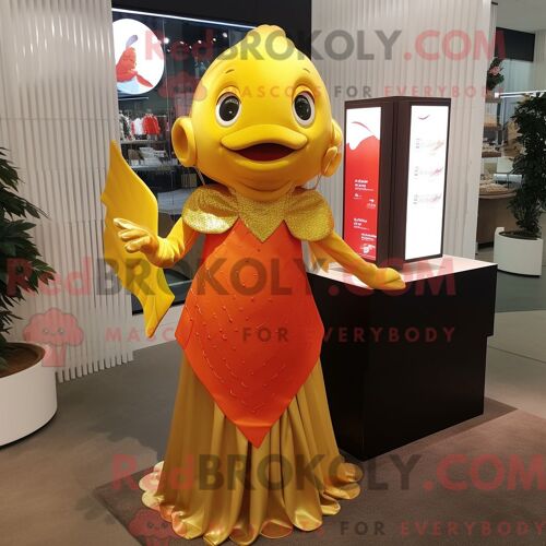 Costume De Mascotte Redbrokoly De Poisson Rouge Doré Personnage Habillé D Une Robe Fourreau Et De Colliers