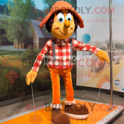 Costume De Mascotte Redbrokoly De Funambule Orange Habillé D Une Chemise En Flanelle Et De Sacs Messager