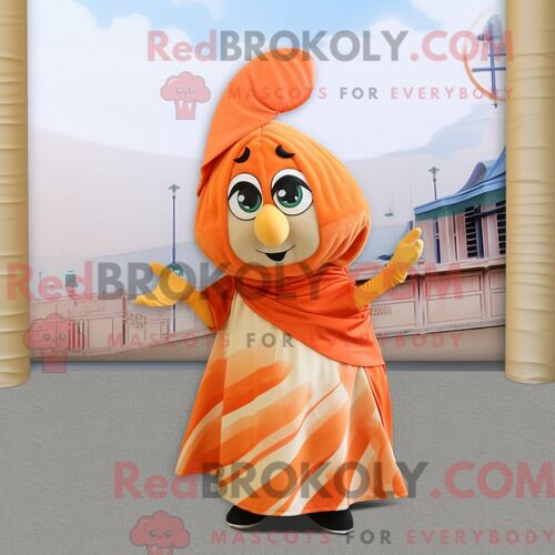 Costume De Mascotte Redbrokoly De Paella Aux Pêches Personnage Habillé Avec Une Robe Et Des Clips D Écharpe
