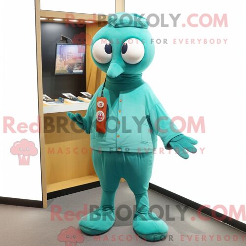 Costume Mascotte Redbrokoly Pendentif Bleu Sarcelle Habillé Avec Un Pantalon Et Des Porte-Clés