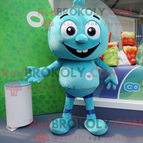 Personnage De Costume De Mascotte Redbrokoly De Cyan Candy Habillé Avec Un Rash Guard Et Des Pochettes