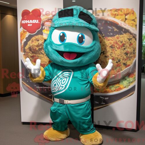Costume De Mascotte Redbrokoly De Ramen Bleu Sarcelle Habillé Avec Un Rash Guard Et Des Casquettes