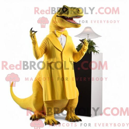 Costume De Mascotte Redbrokoly T Rex Jaune Citron Habillé Avec Une Robe De Soirée Et Des Bretelles
