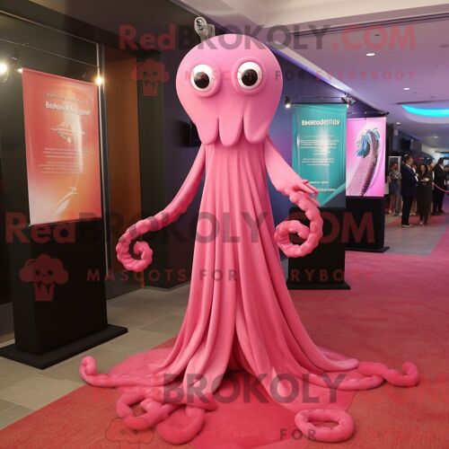 Costume De Mascotte Redbrokoly De Calmar Rose Habillé D Une Robe De Soirée Et D Épingles À Cravate