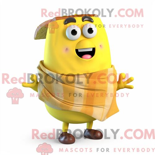 Personnage De Costume De Mascotte Redbrokoly De Sandwich Au Porc Effiloché Jaune Habillé Avec Un Jean Boyfriend Et Des Clips Pour Écharpe