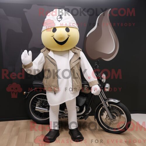 Mascotte Redbrokoly De Personnage De Poire Blanche Habillé Avec Une Veste De Motard Et Des Chapeaux
