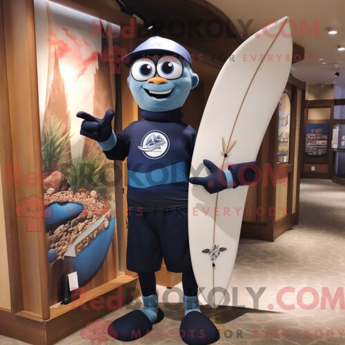 Costume De Mascotte Redbrokoly De Planche De Surf Bleu Marine Habillé D Un Short Et De Bretelles