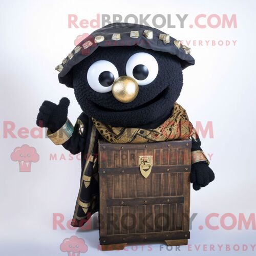 Personnage De Costume De Mascotte Redbrokoly De Coffre Au Trésor Noir Habillé D Un Cardigan Et D Écharpes