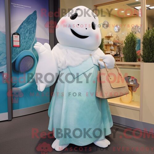 Costume De Mascotte Redbrokoly De Vache De Mer De Stellar Blanche Habillé D Une Robe Portefeuille Et De Sacs À Main