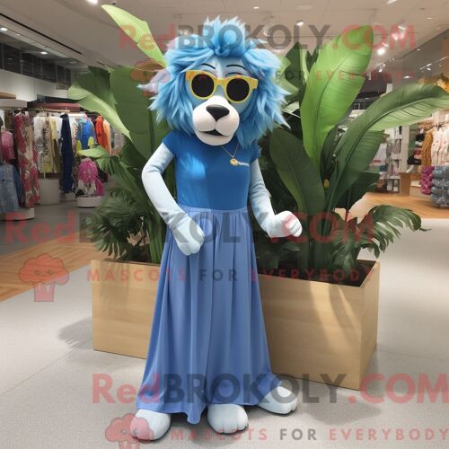 Costume Mascotte Redbrokoly De Lion Bleu Habillé Avec Une Jupe Longue Et Des Lunettes De Soleil