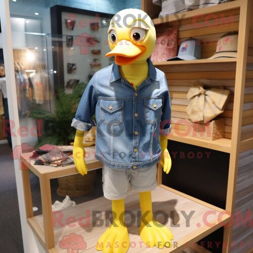 Costume De Mascotte Redbrokoly D Oies Jaunes Citron Personnage Habillé D Une Chemise En Jean Et De Pochettes De Costume