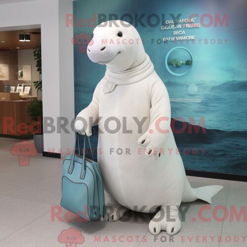 Costume De Mascotte Redbrokoly De Vache De Mer De Stellar Blanche Habillé D Une Robe Portefeuille Et De Sacs À Main